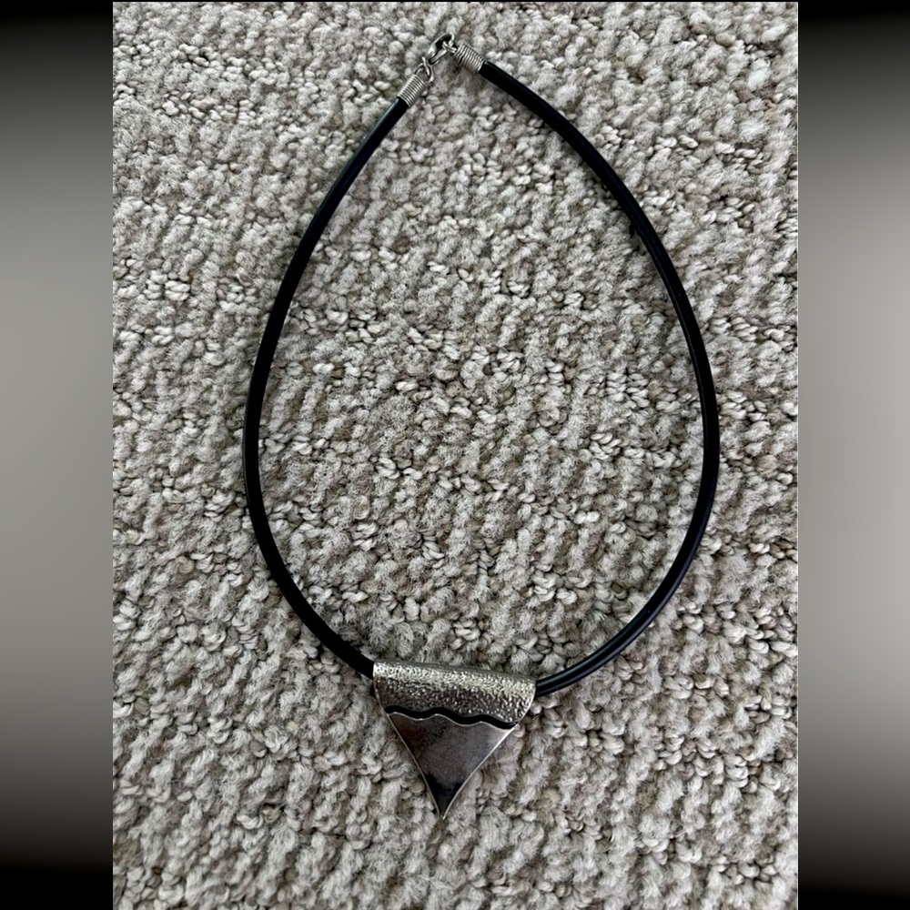 Men leather cord necklace with tribal triangular pendant antique silver polish